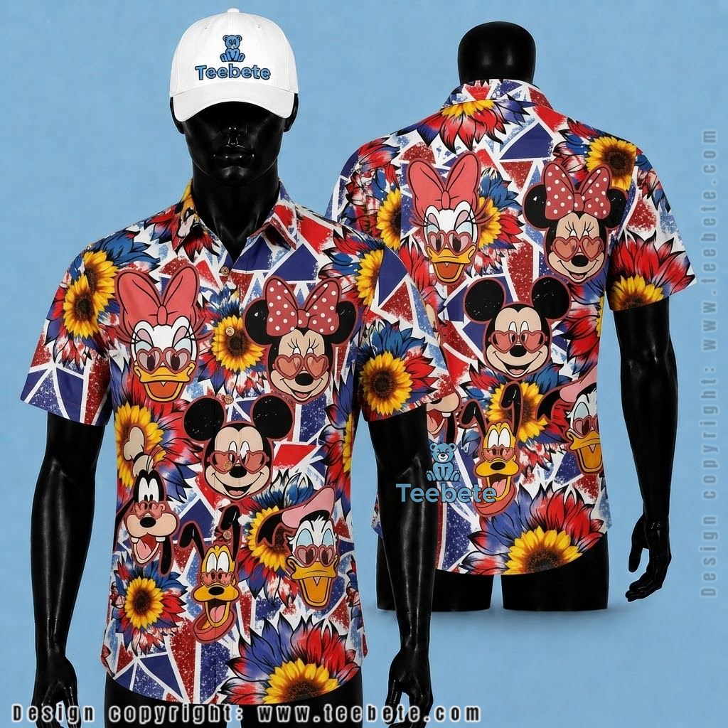 Mickey Mouse Hawaiian Shirt Friends Sunflower Geometric Print