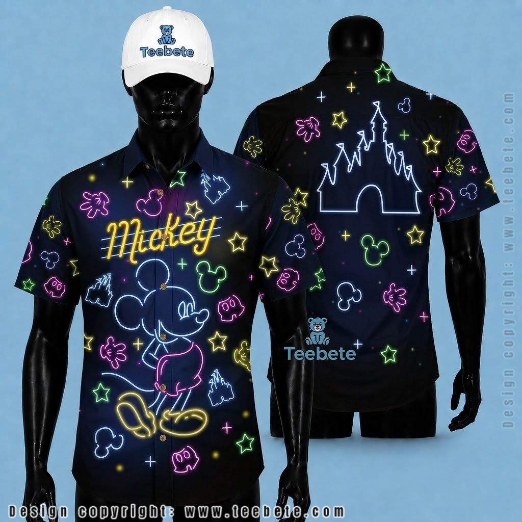 Mickey Mouse Hawaiian Shirt Neon Castle Black Print