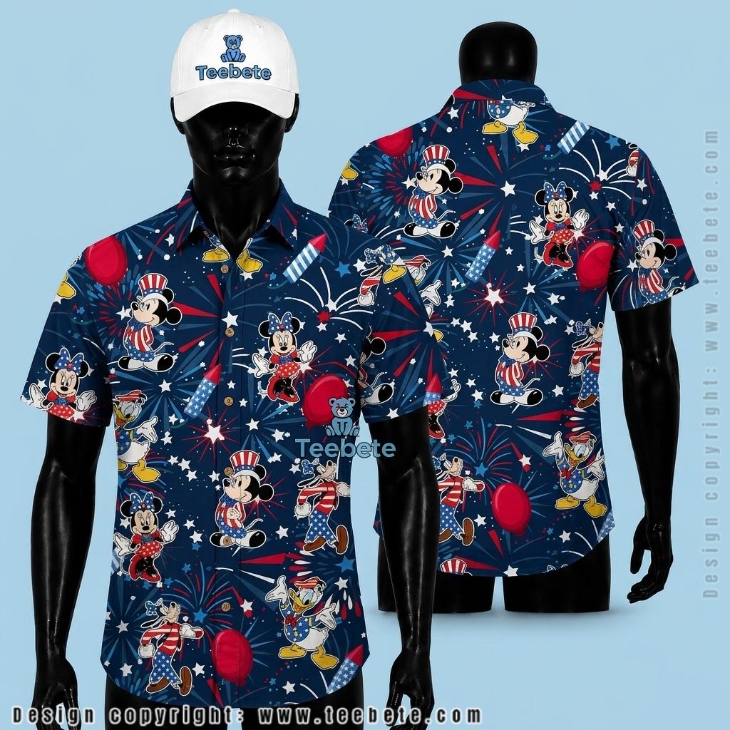 Mickey Mouse Hawaiian Shirt Patriotic Fireworks Navy Print