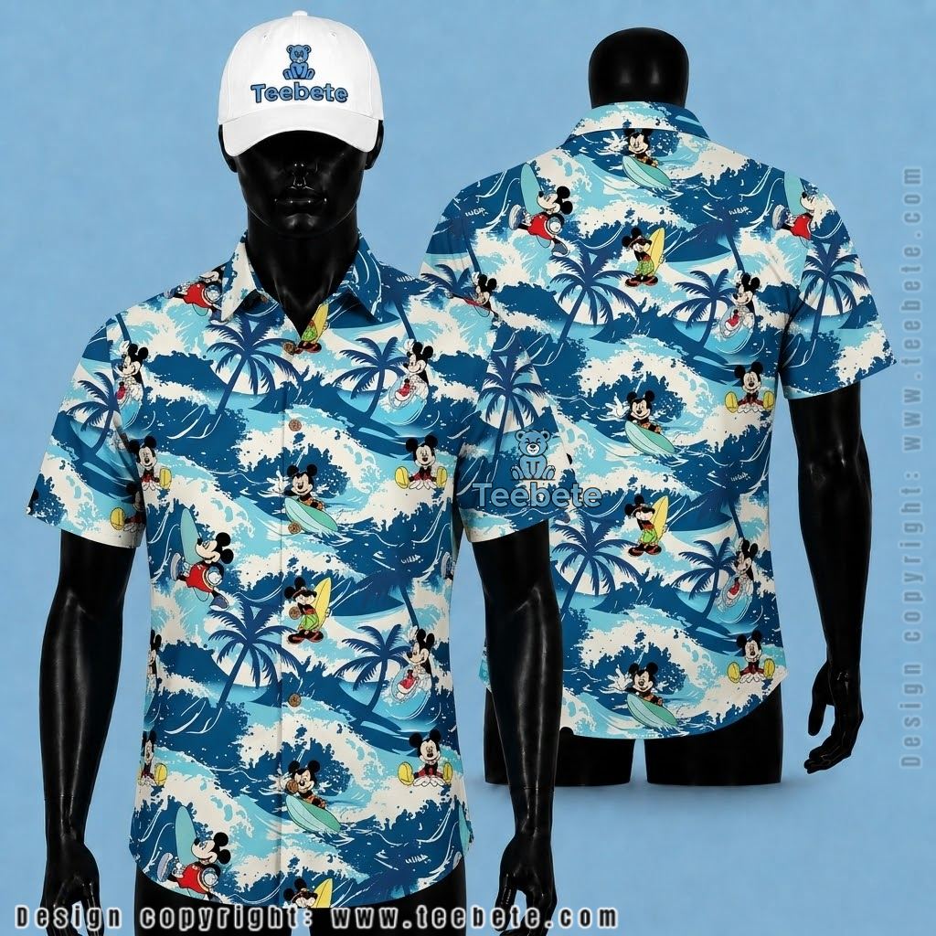 Mickey Mouse Hawaiian Shirt Surfing Ocean Wave Print