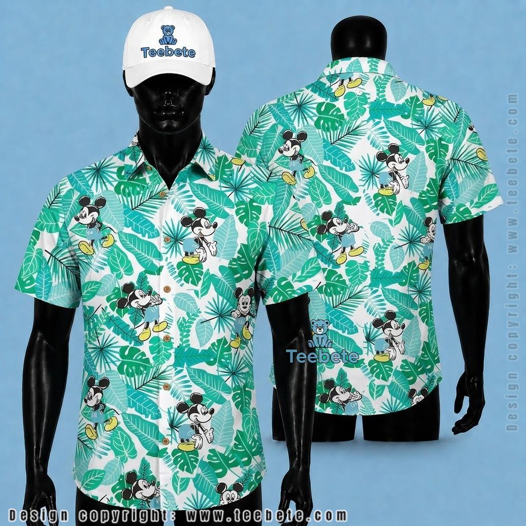 Mickey Mouse Tropical Shirt Green Monstera Leaf Print