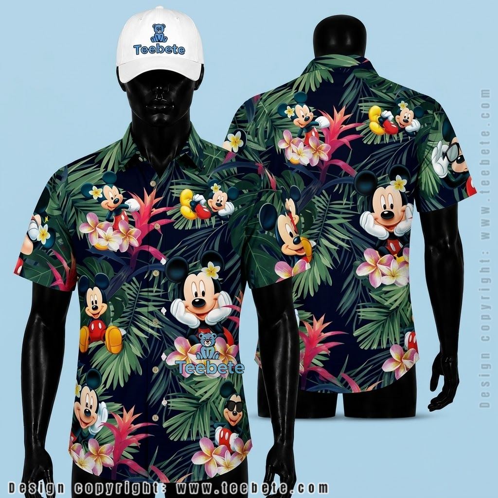 Mickey Mouse Tropical Shirt Navy Palm Plumeria Print