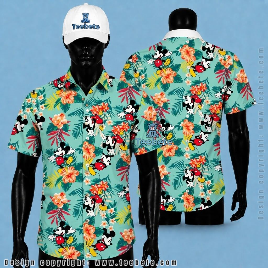 Mickey Mouse Tropical Shirt Green Monstera Leaf Print Mickey Mouse Tropical Shirt Green Monstera Leaf Print