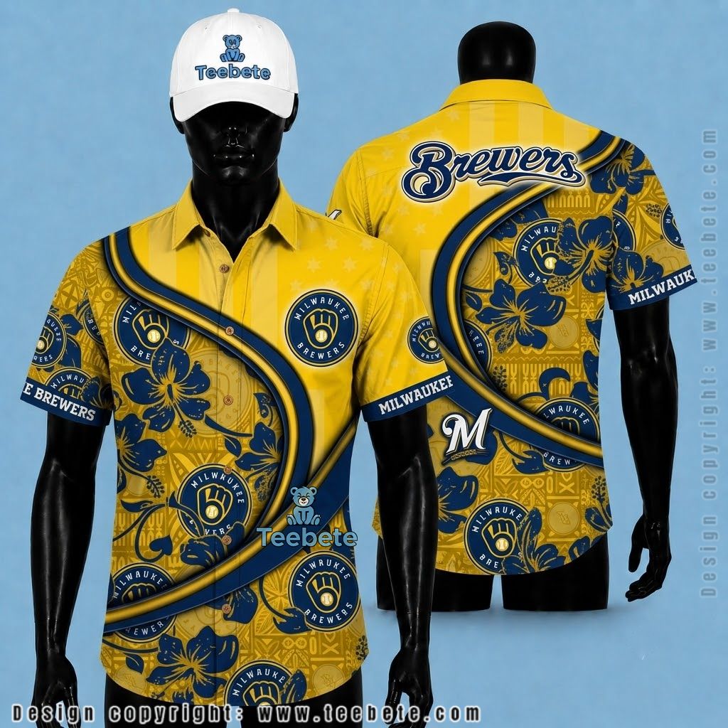 Milwaukee Brewers Aloha Shirt Hibiscus Curve