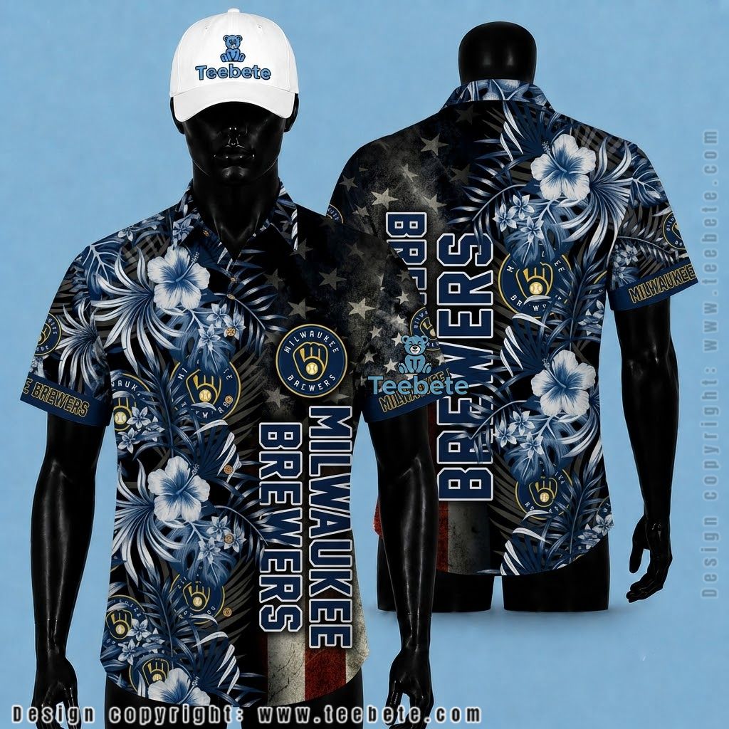 Milwaukee Brewers Hawaiian Shirt American Flag Floral
