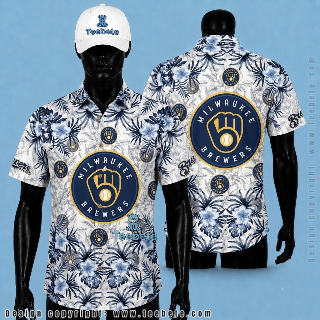 Milwaukee Brewers Hawaiian Shirt Blue Hibiscus White