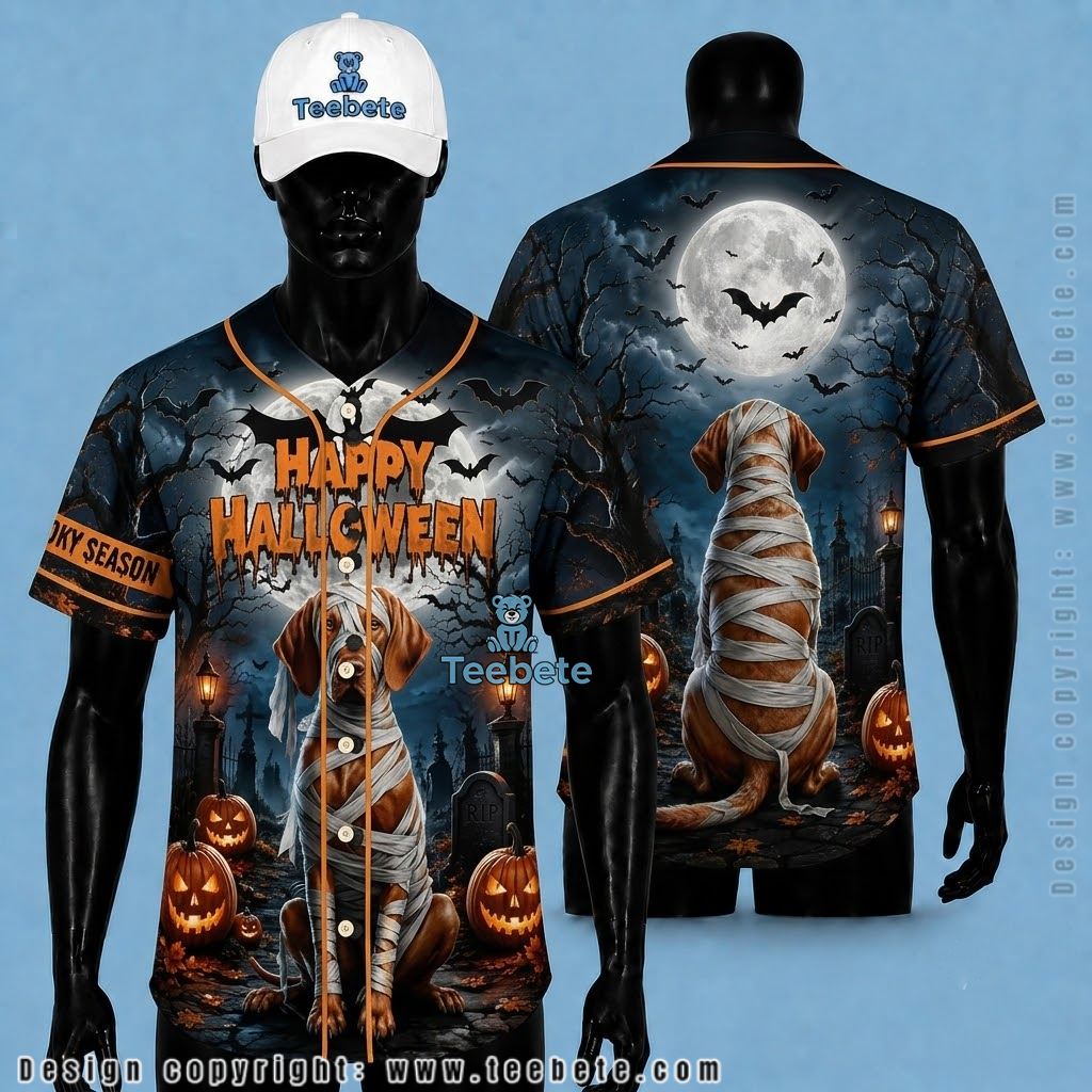 Mummy Dog Halloween Baseball Jersey Full Moon Graveyard