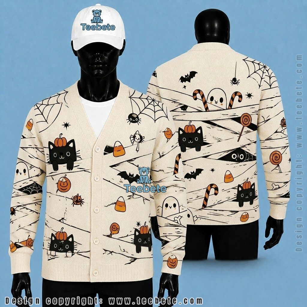 Mummy Halloween Cardigan Ghost And Black Cat