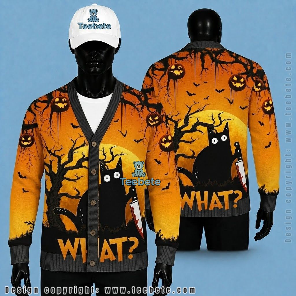 Murder Halloween Cardigan Black Cat And Knife