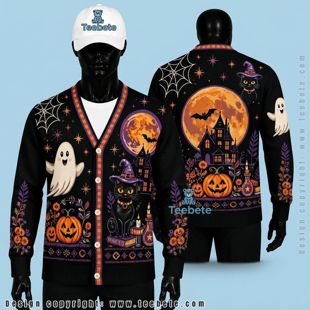 Mystic Halloween Cardigan Black Cat Ghost