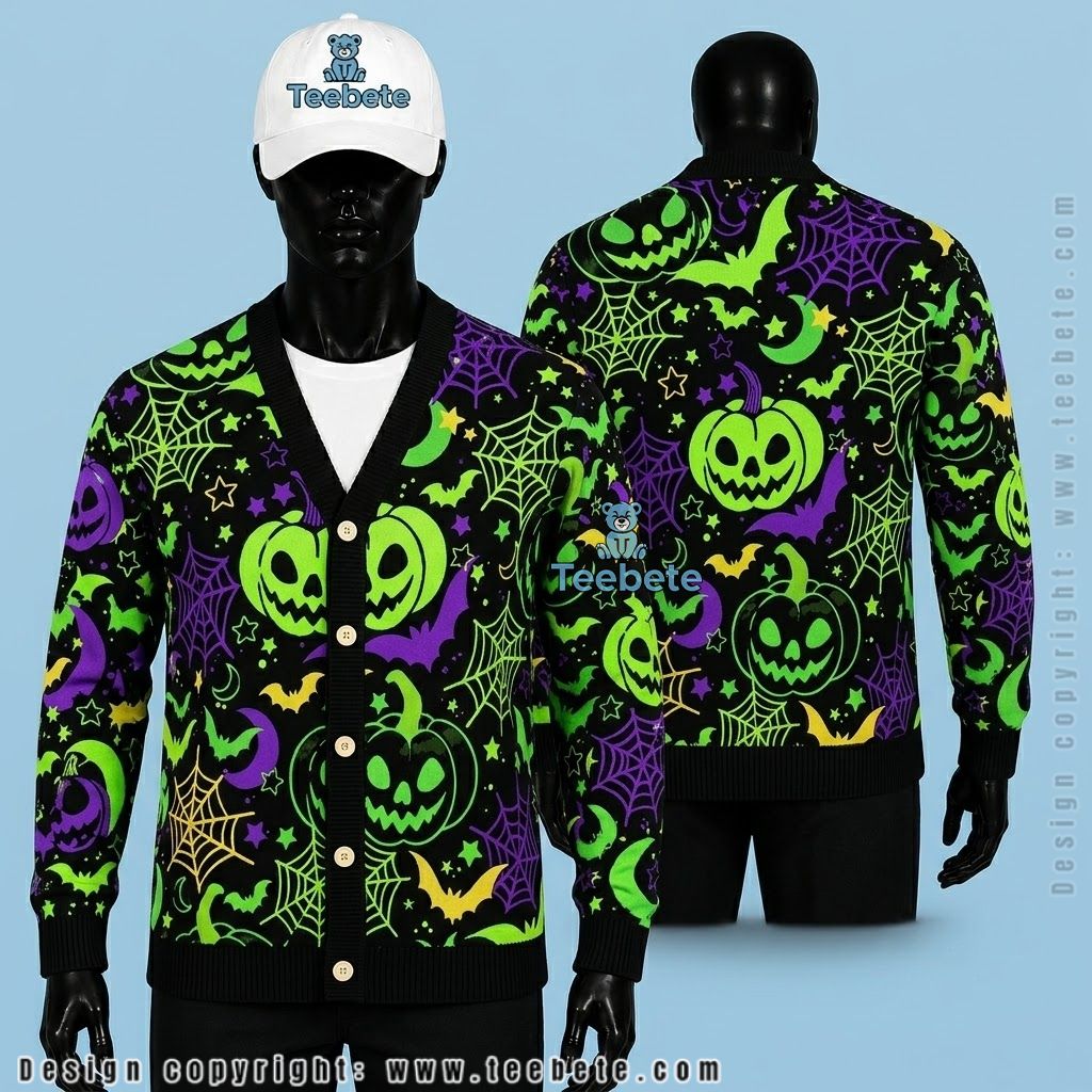 Neon Halloween Cardigan Spider Web And Pumpkin
