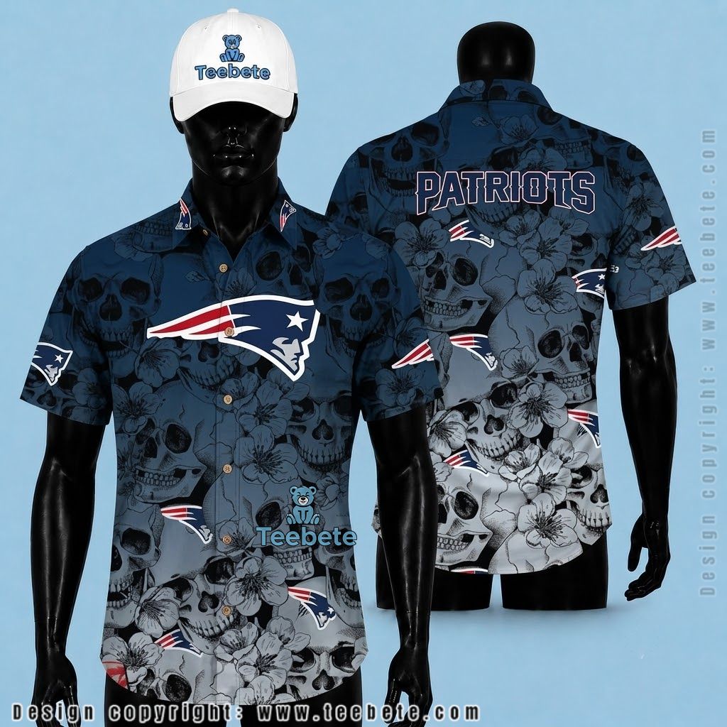 New England Patriots Hawaiian Shirt Skull Floral Ombre Pattern