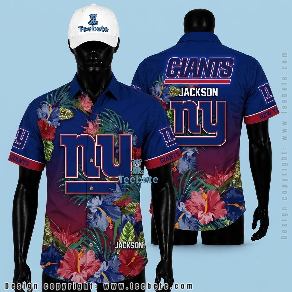 New York Giants Hawaiian Shirt Personalized Name Hibiscus