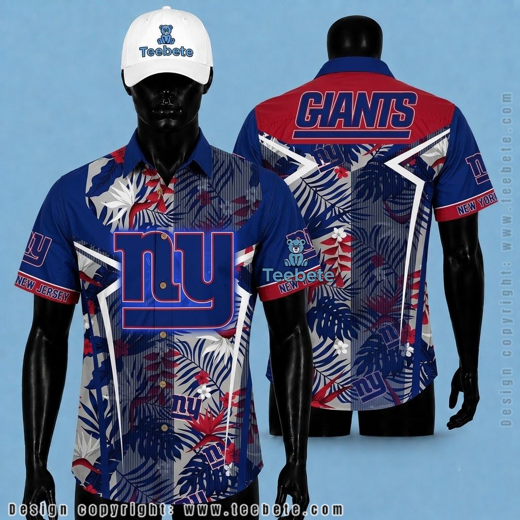 New York Giants Hawaiian Shirt Personalized Name Palm Leaf