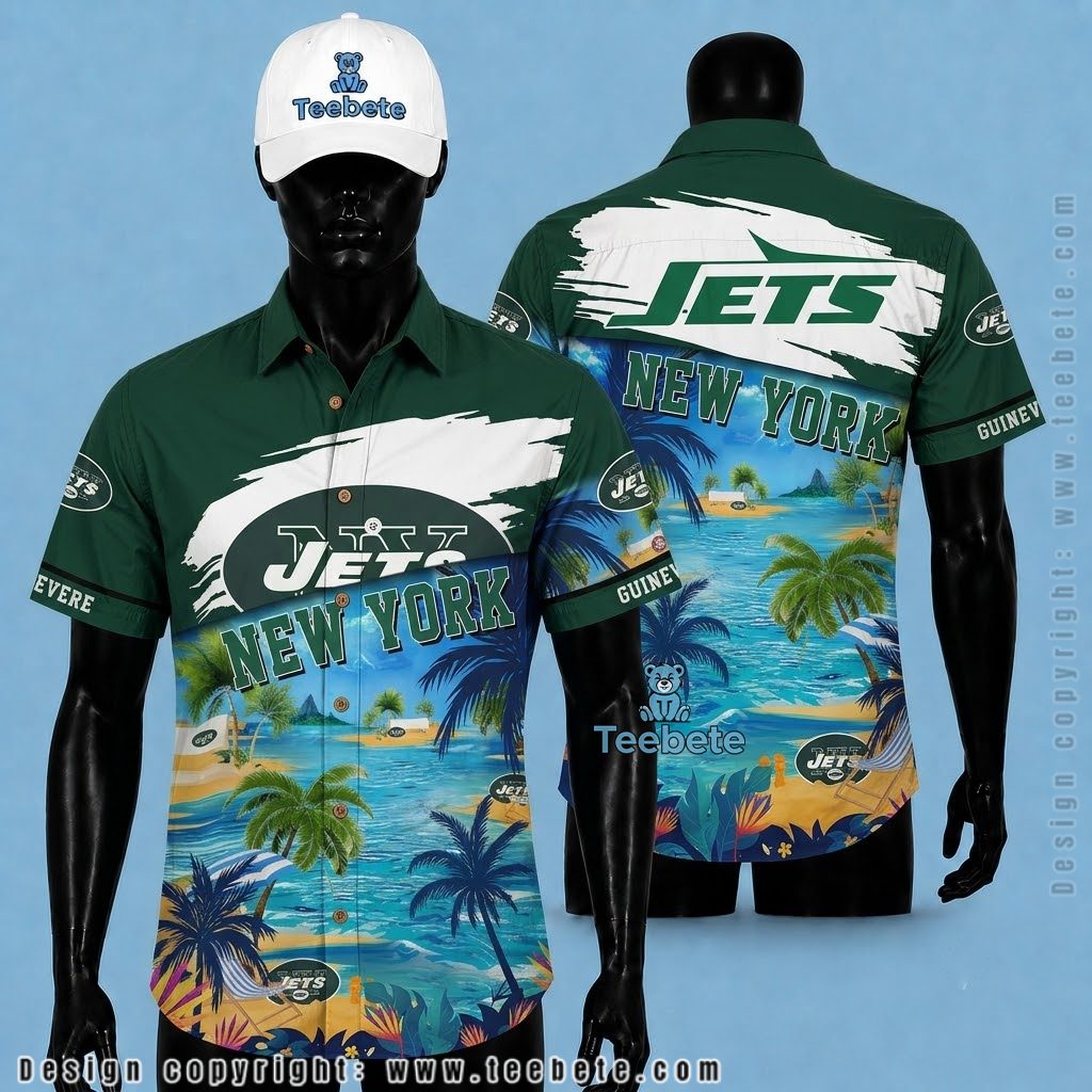 New York Jets Hawaiian Shirt Personalized Name Tropical Island Beach