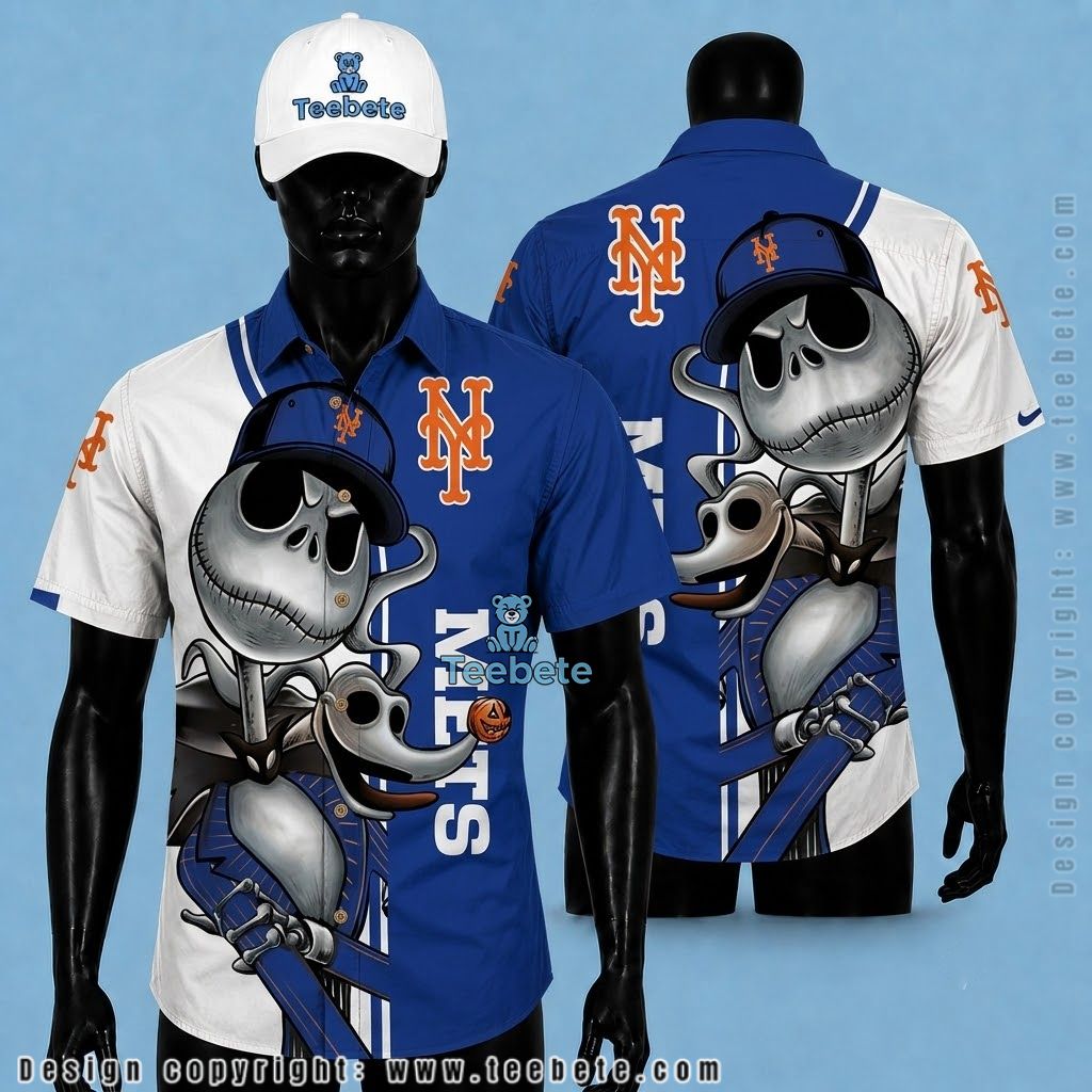 New York Mets Button Up Shirt Jack Skellington Halloween