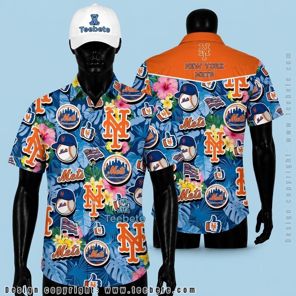 New York Mets Hawaiian Shirt Blue Botanical