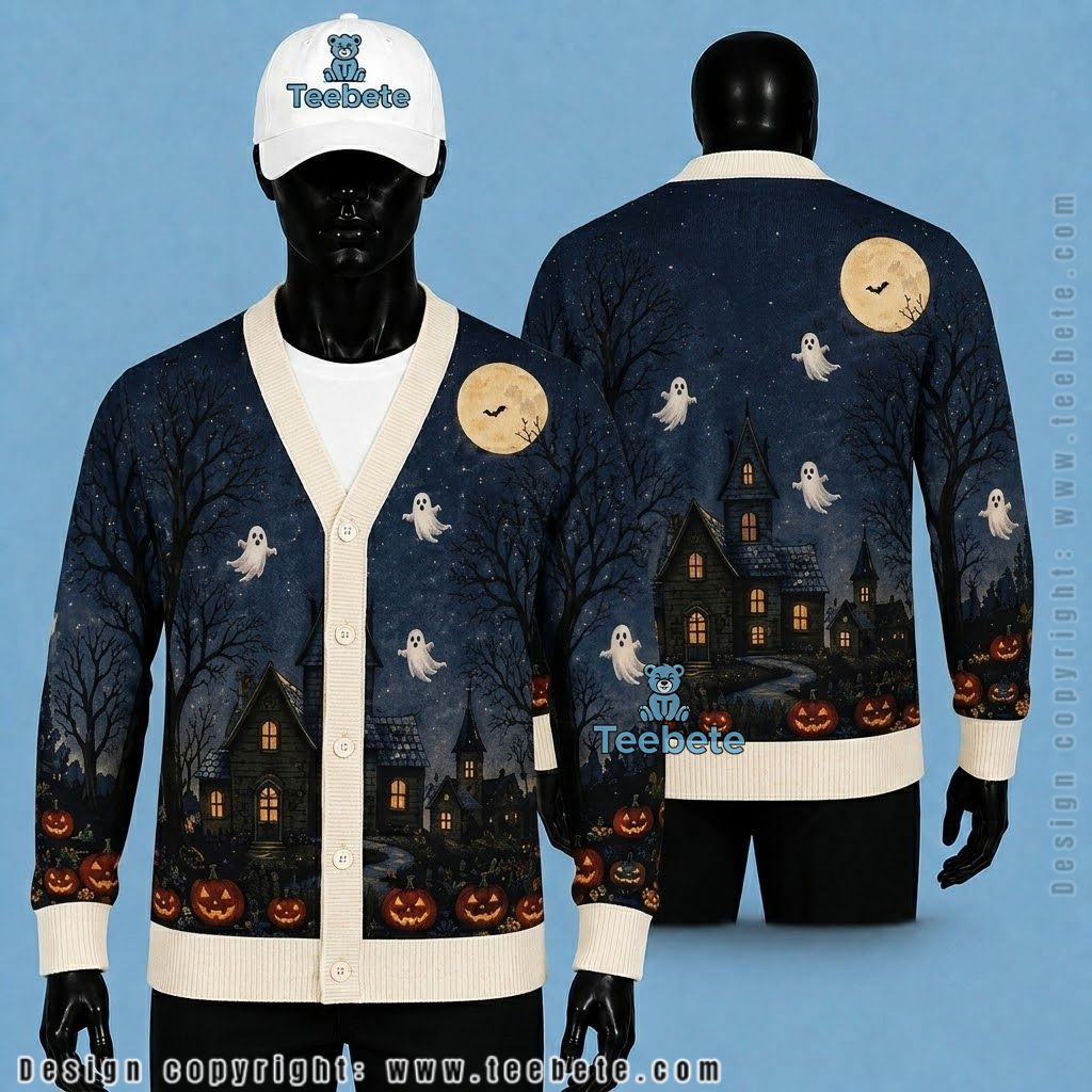 Night Halloween Cardigan Haunted House Ghost