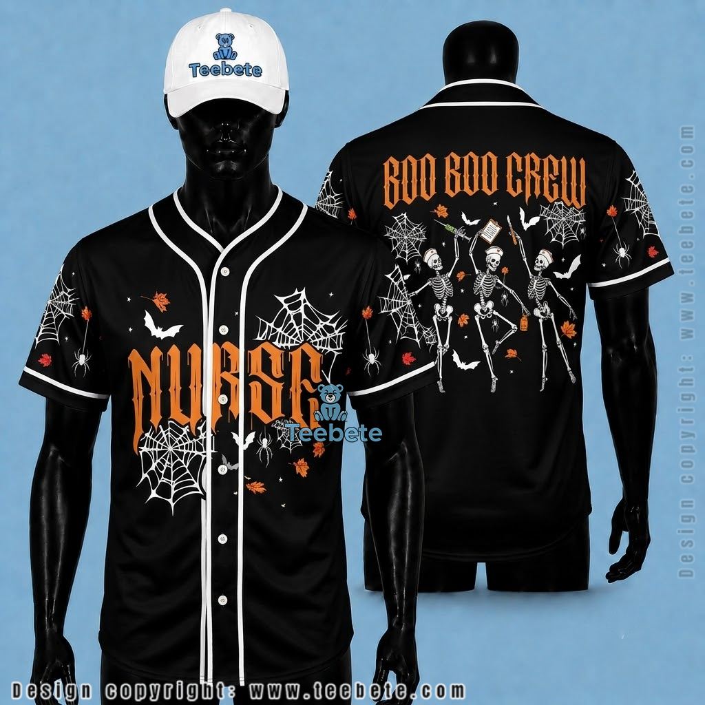 Nurse Halloween Baseball Jersey Boo Boo Crew Skeleton Black