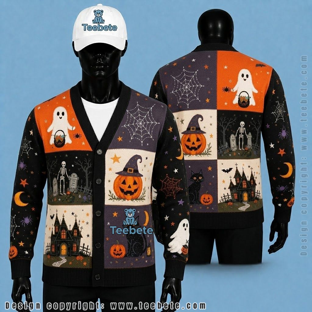 Patchwork Halloween Cardigan Ghost, Skeleton And House