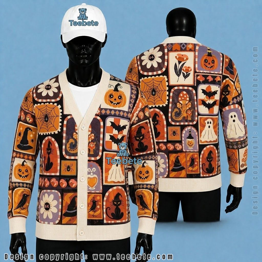 Patchwork Halloween Cardigan Mushroom Witch Cat