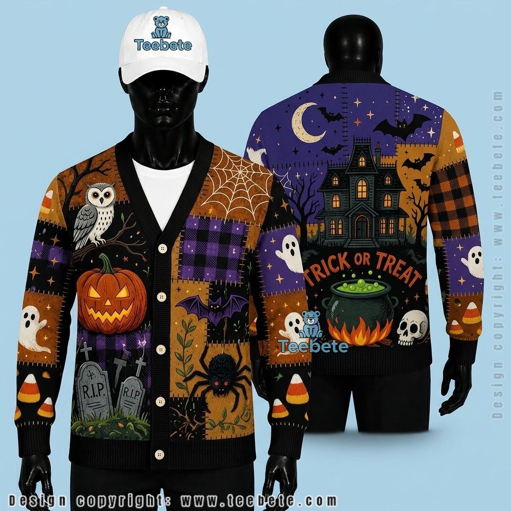 Patchwork Halloween Cardigan Owl, Cauldron And Tombstone