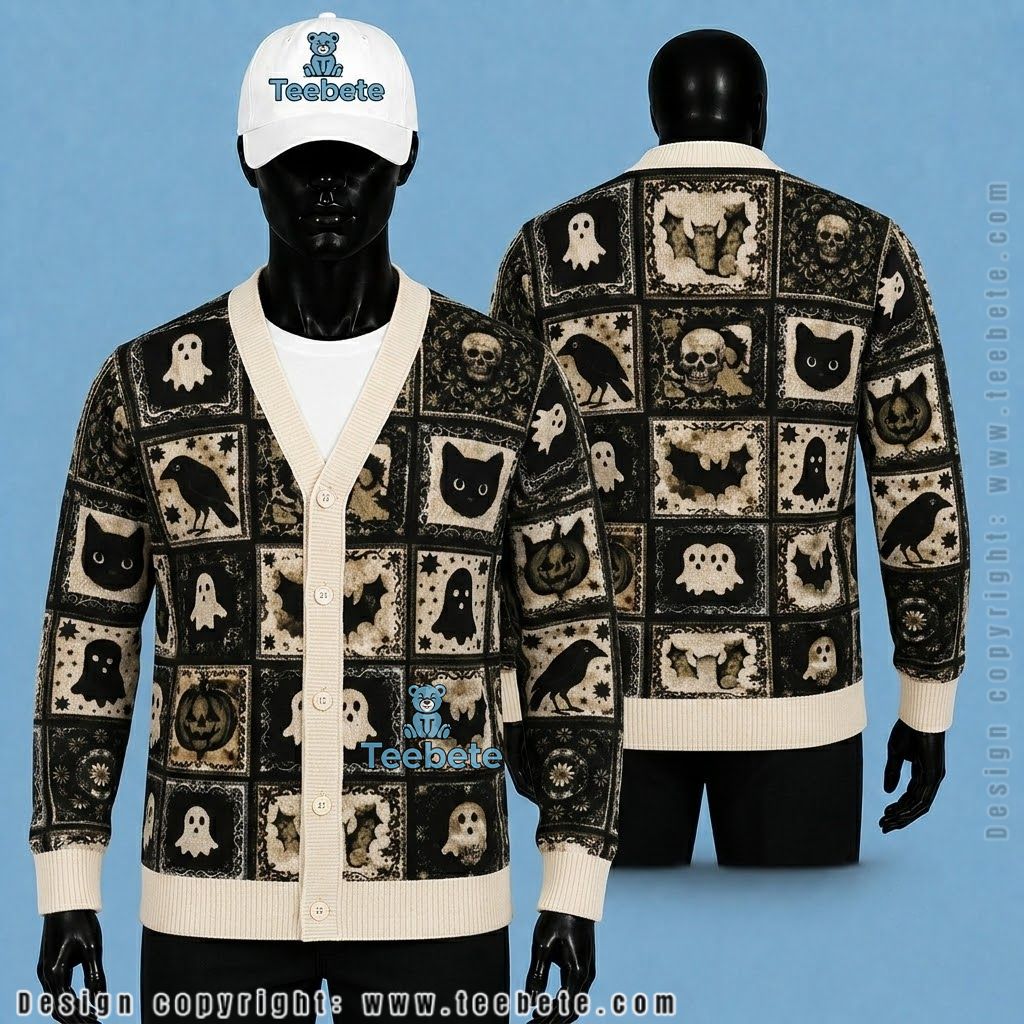Patchwork Halloween Cardigan Raven, Skull And Black Cat