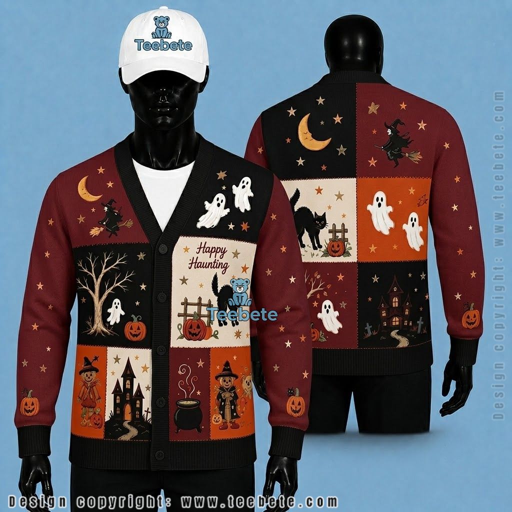 Patchwork Halloween Cardigan Scarecrow And Black Cat