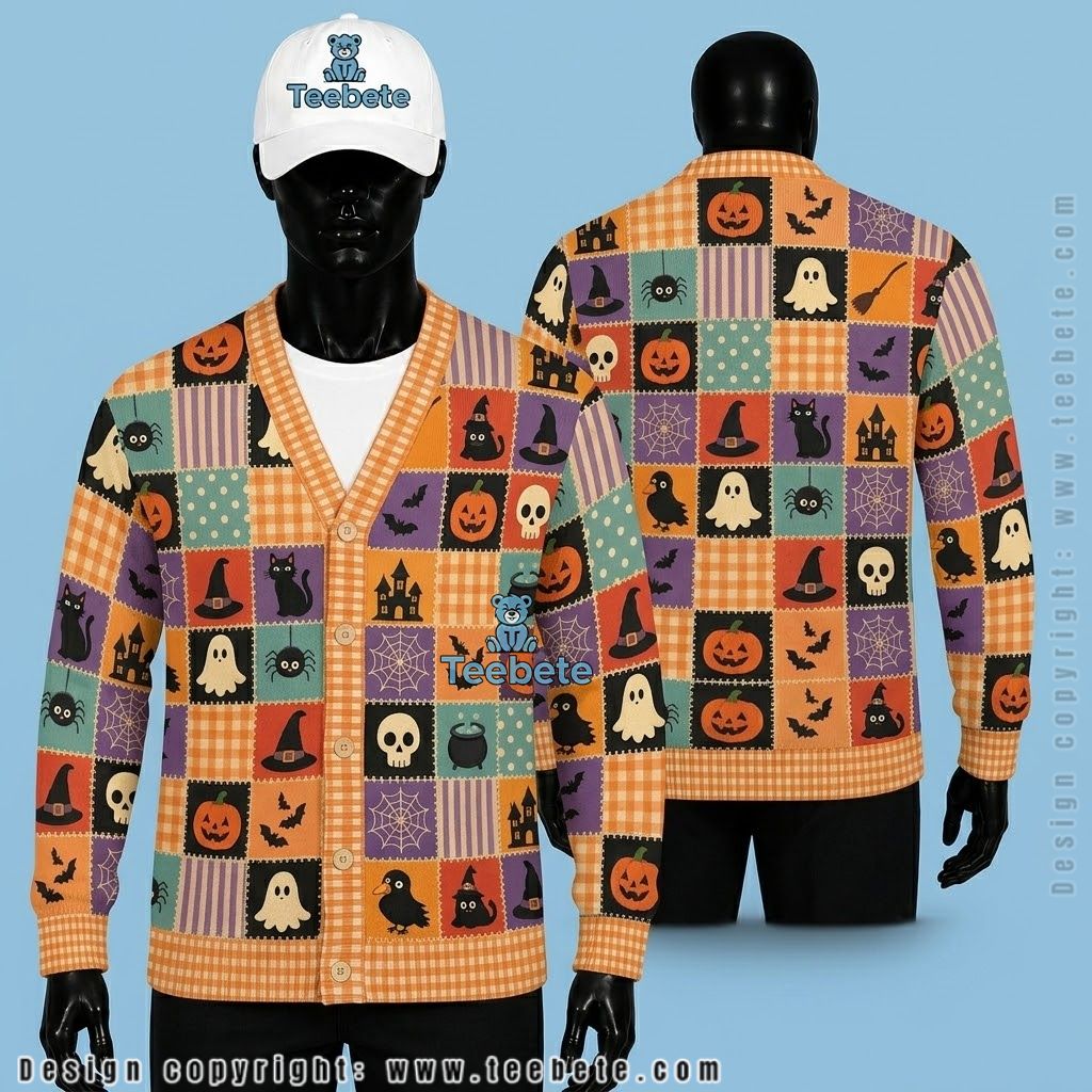 Patchwork Halloween Cardigan Skull, Ghost And Pumpkin