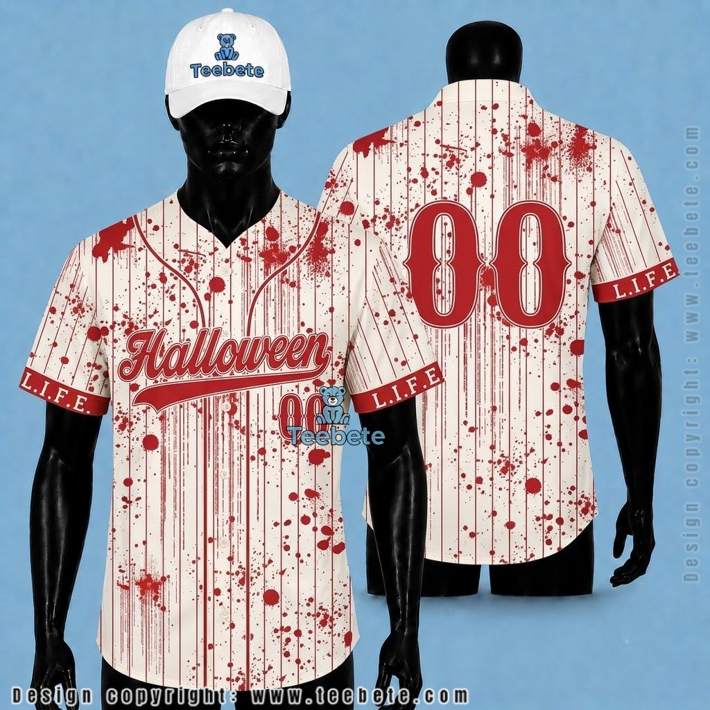Personalized Baseball Jersey Halloween Blood Splatter White