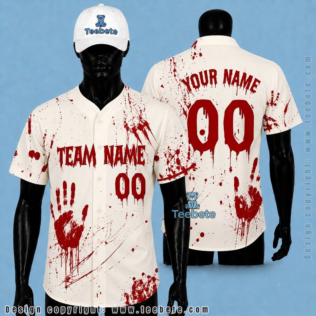 Personalized Baseball Jersey Halloween Bloody Handprint White Red