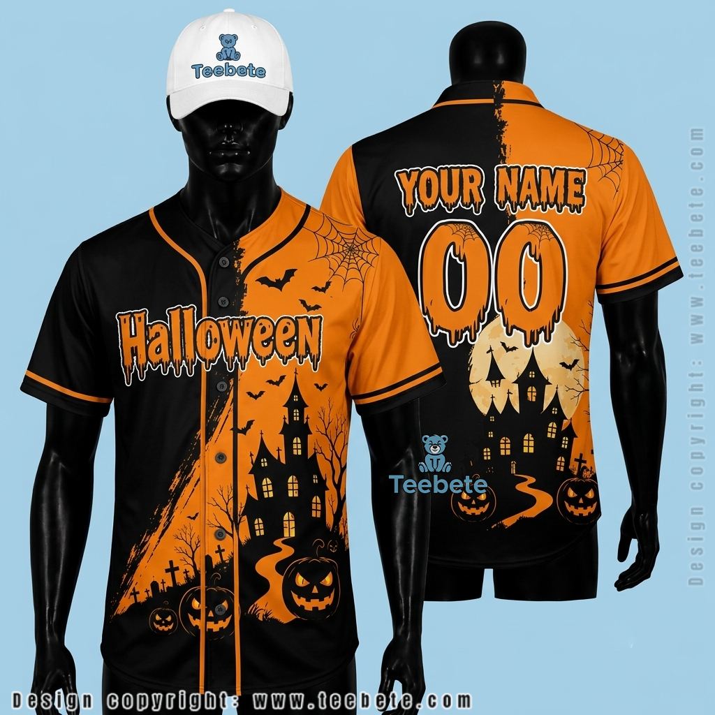 Personalized Baseball Jersey Halloween Haunted House Two Tone