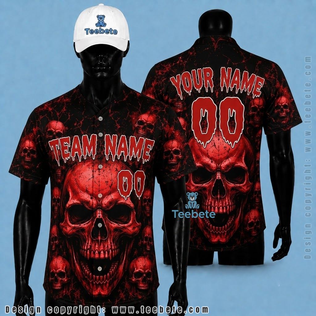 Personalized Baseball Jersey Halloween Red Skull Black