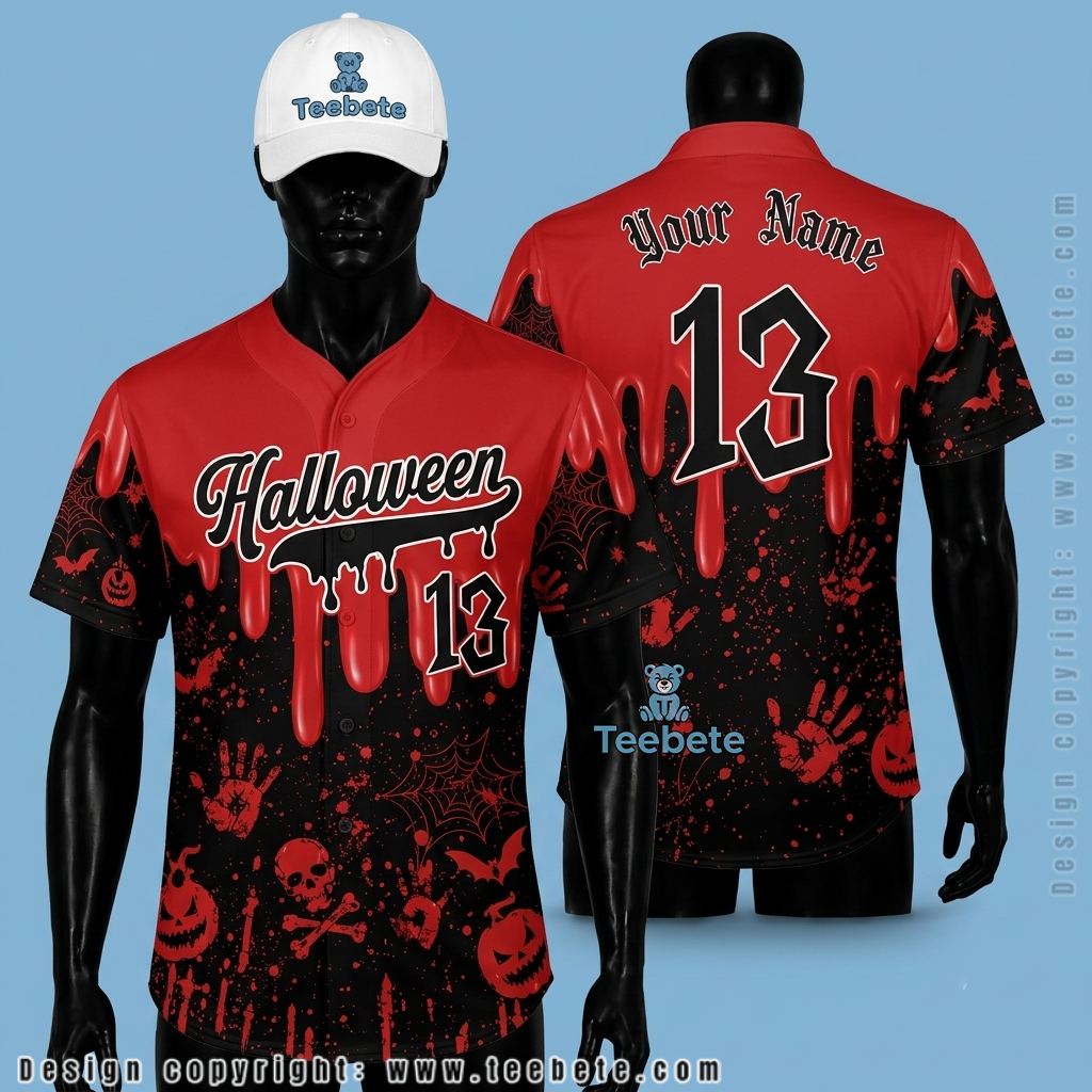 Personalized Baseball Jersey Halloween Skull Handprint Red Black