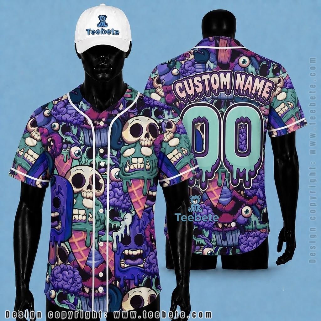 Personalized Baseball Jersey Halloween Zombie Skull Purple Teal