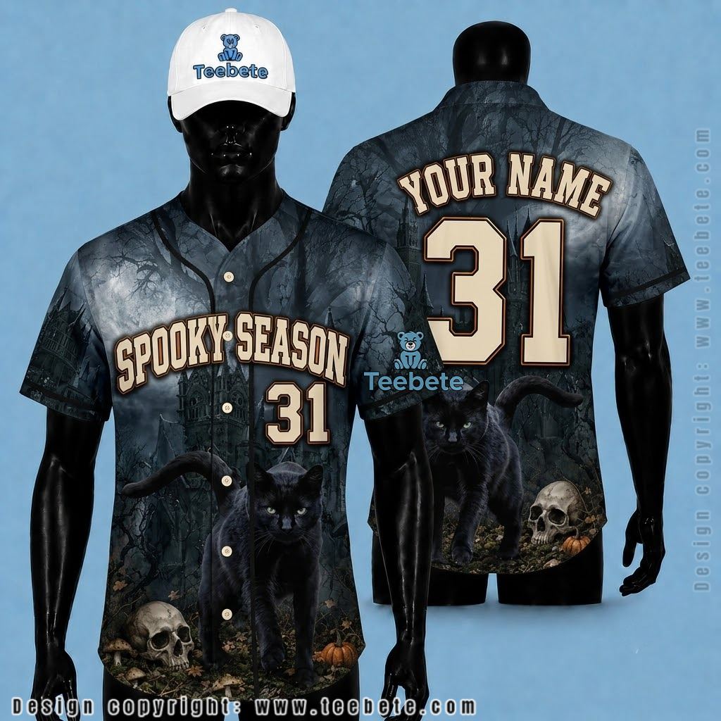 Personalized Black Cat Baseball Jersey Halloween Spooky Season