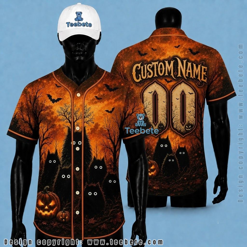 Personalized Black Cat Halloween Baseball Jersey Pumpkin Orange