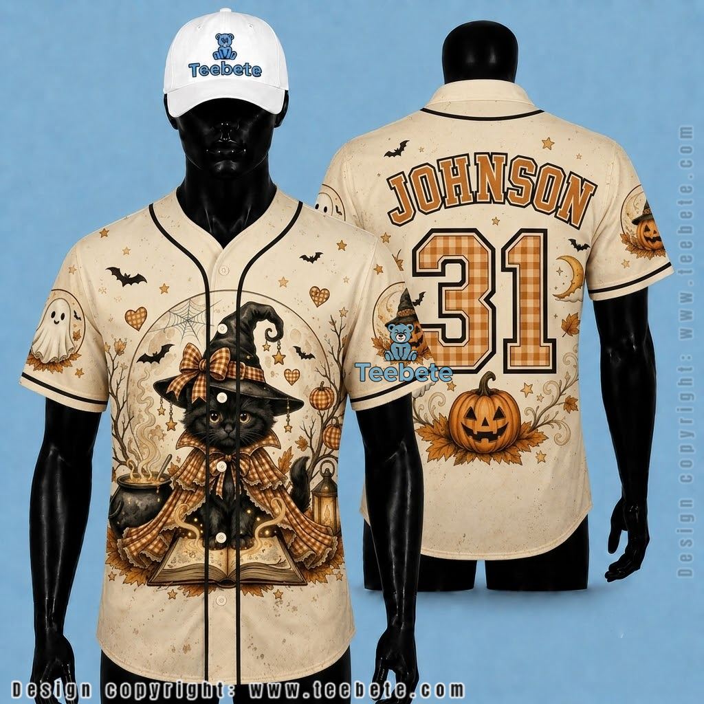 Personalized Black Cat Halloween Baseball Jersey Witch Cream