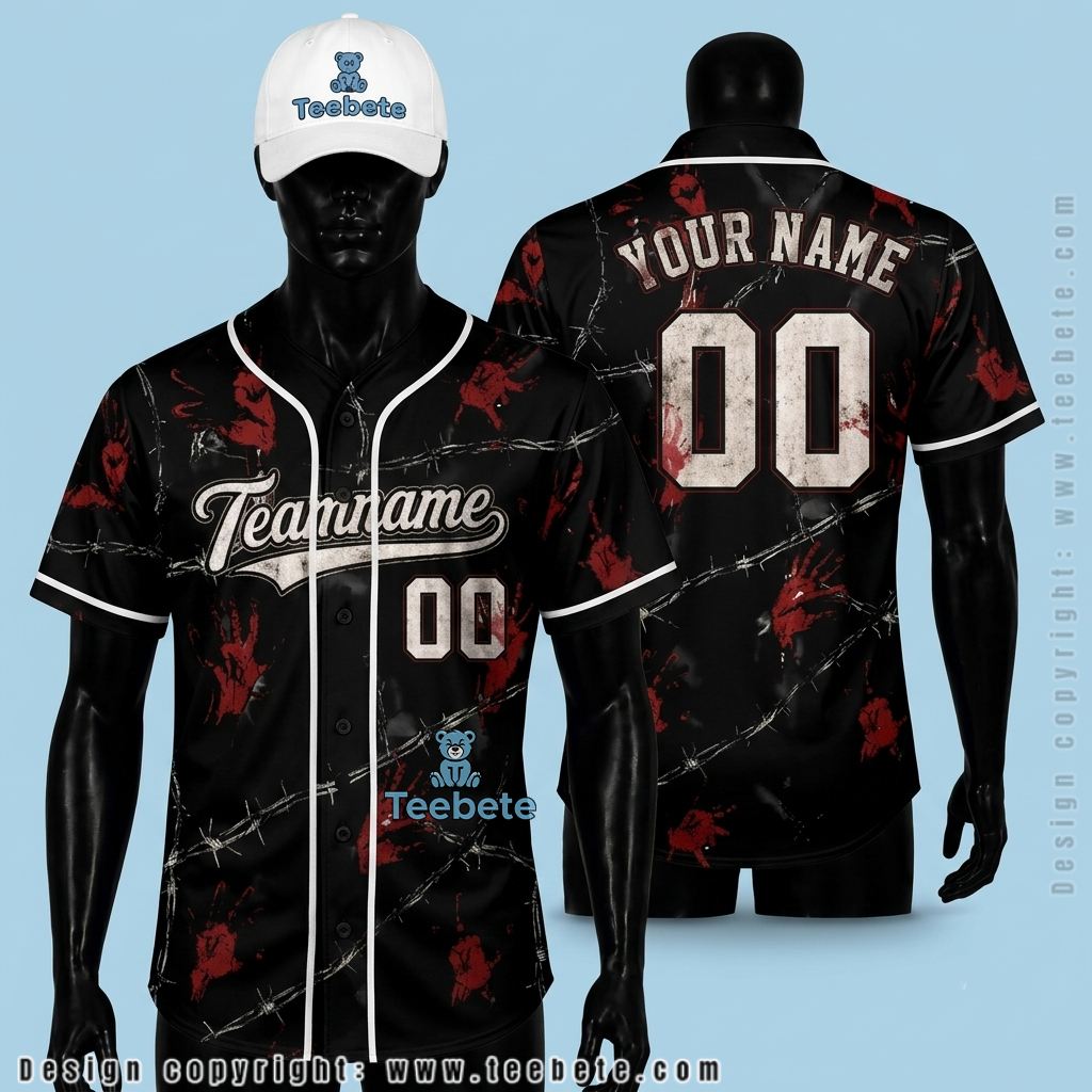 Personalized Bloody Handprint Baseball Jersey Halloween Black