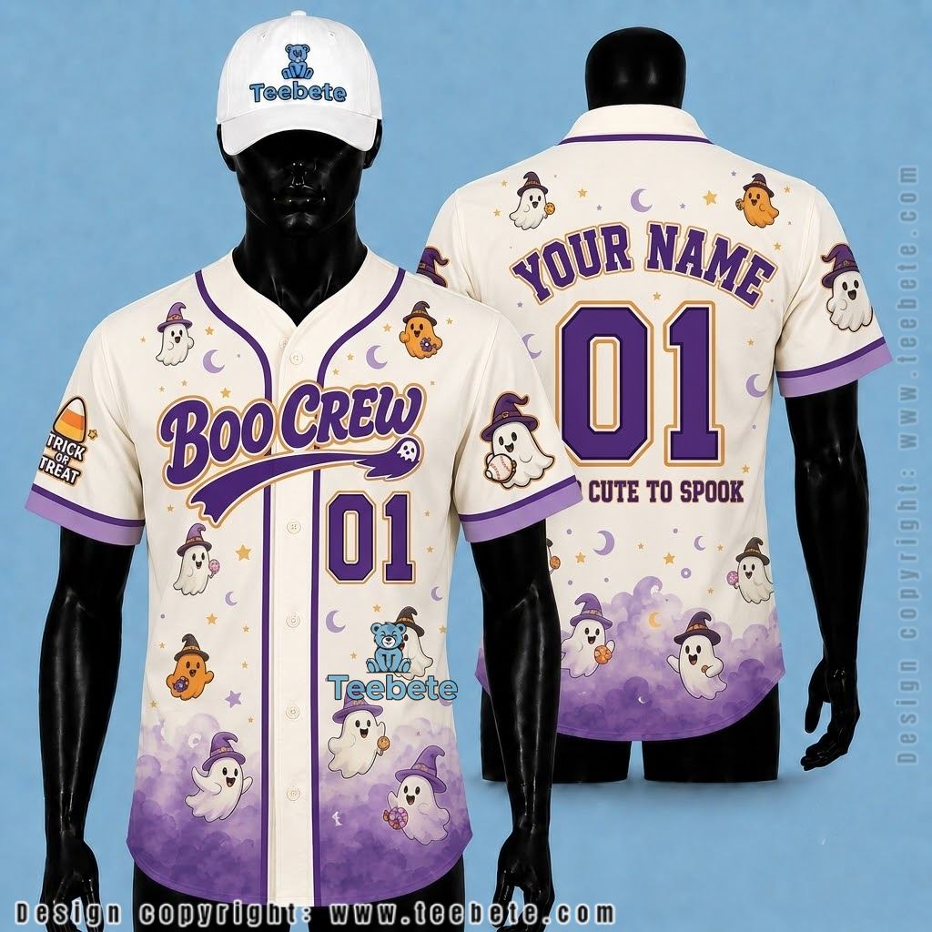 Personalized Boo Crew Halloween Baseball Jersey Cute Ghost Purple