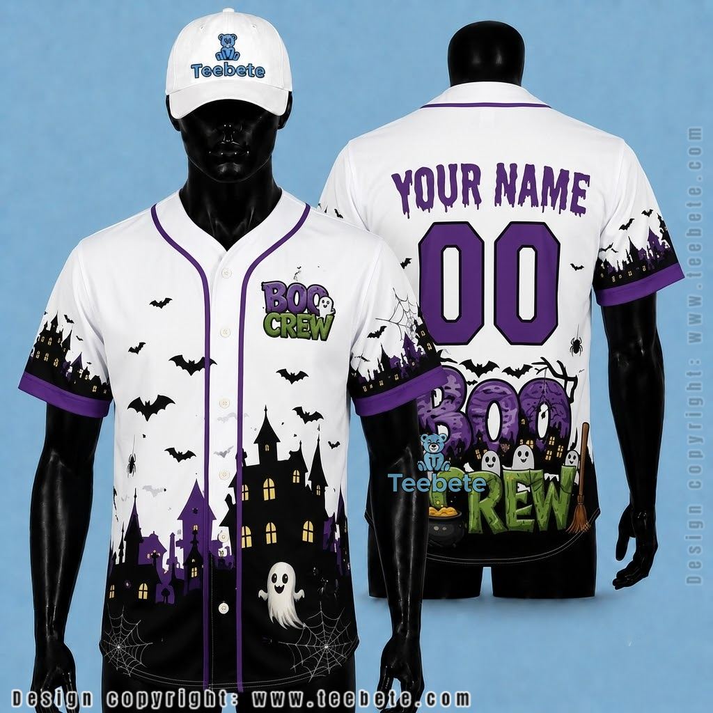 Personalized Boo Crew Halloween Baseball Jersey Ghost White