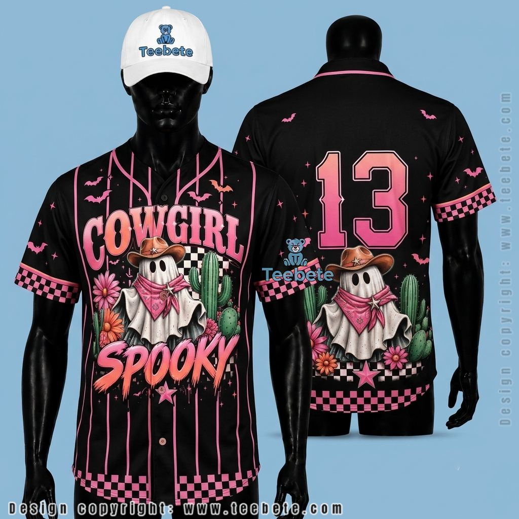 Personalized Cowgirl Ghost Halloween Baseball Jersey Pink Black
