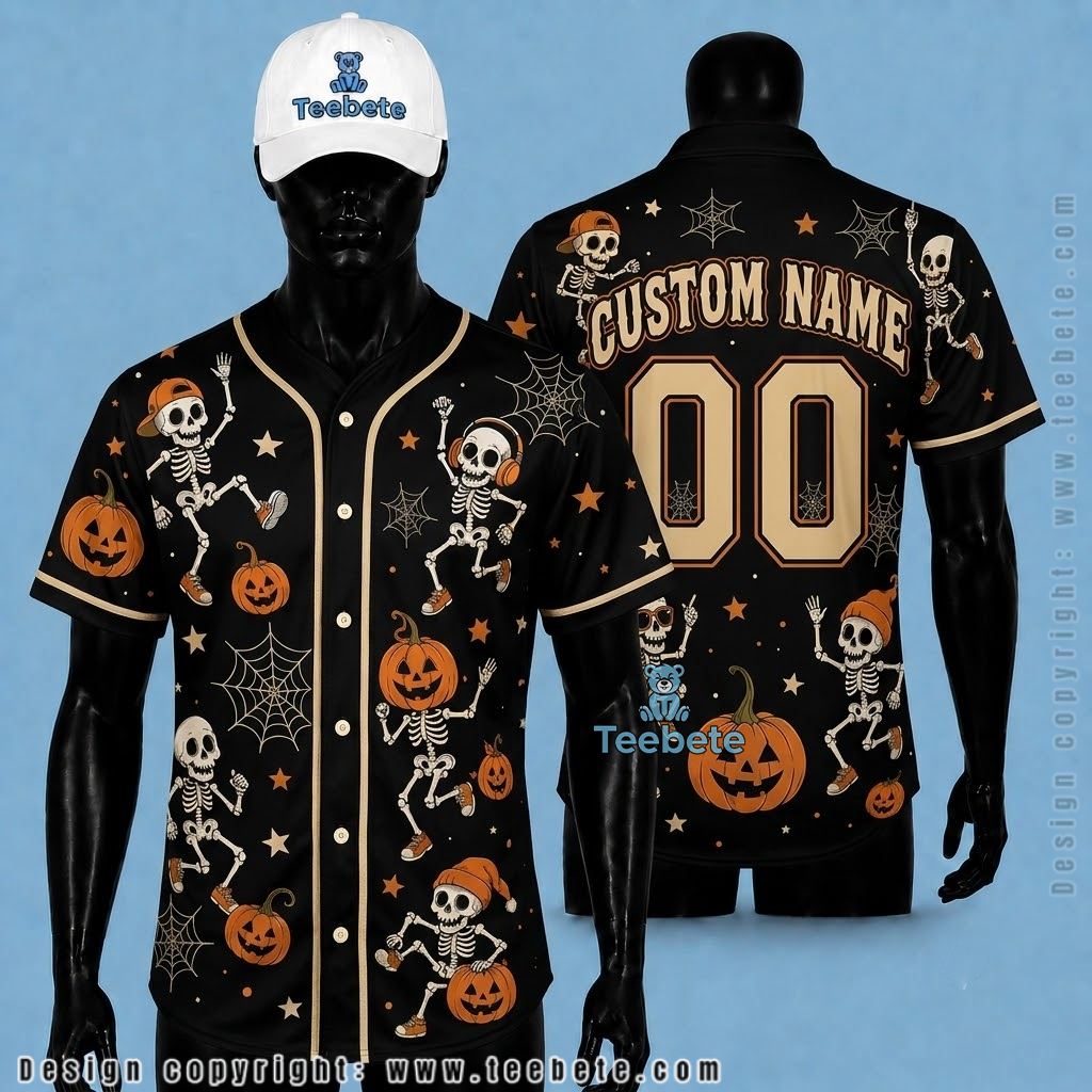 Personalized Dancing Skeleton Halloween Baseball Jersey Pumpkin Spider Web