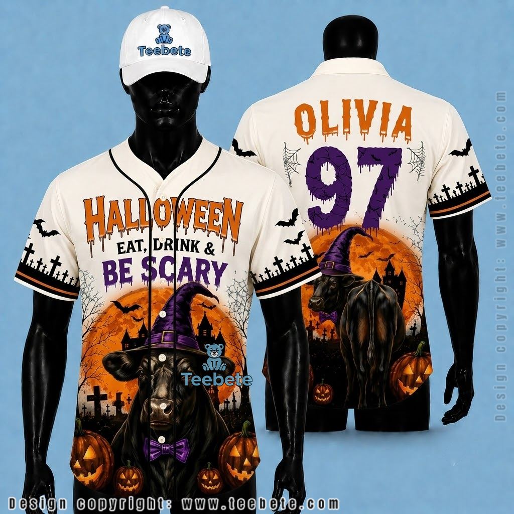 Personalized Eat Drink Be Scary Halloween Baseball Jersey Cow