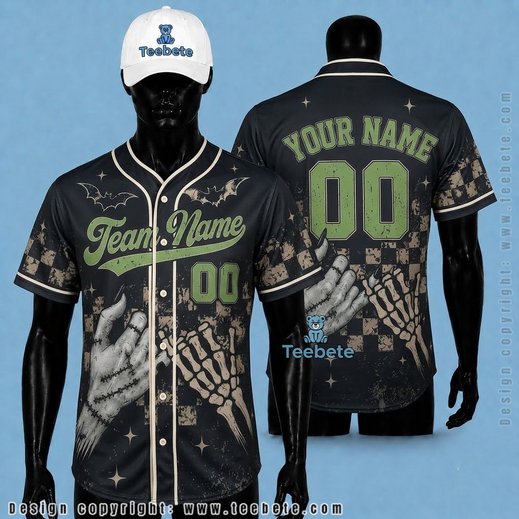Personalized Frankenstein Skeleton Halloween Baseball Jersey Checkered