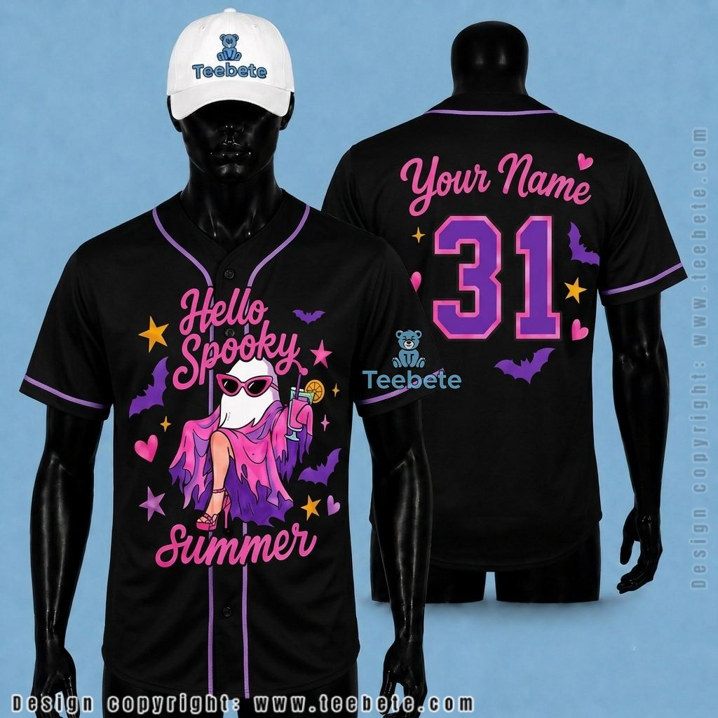 Personalized Ghost Halloween Baseball Jersey Pink Black