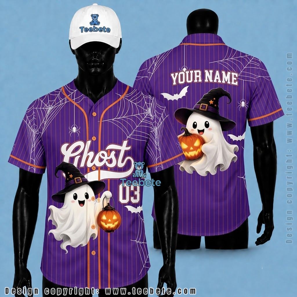 Personalized Ghost Halloween Baseball Jersey Witch Hat Purple