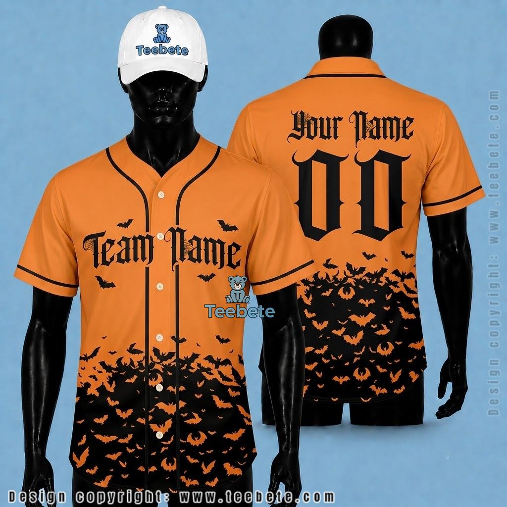 Personalized Halloween Baseball Jersey Bat Swarm Orange Black