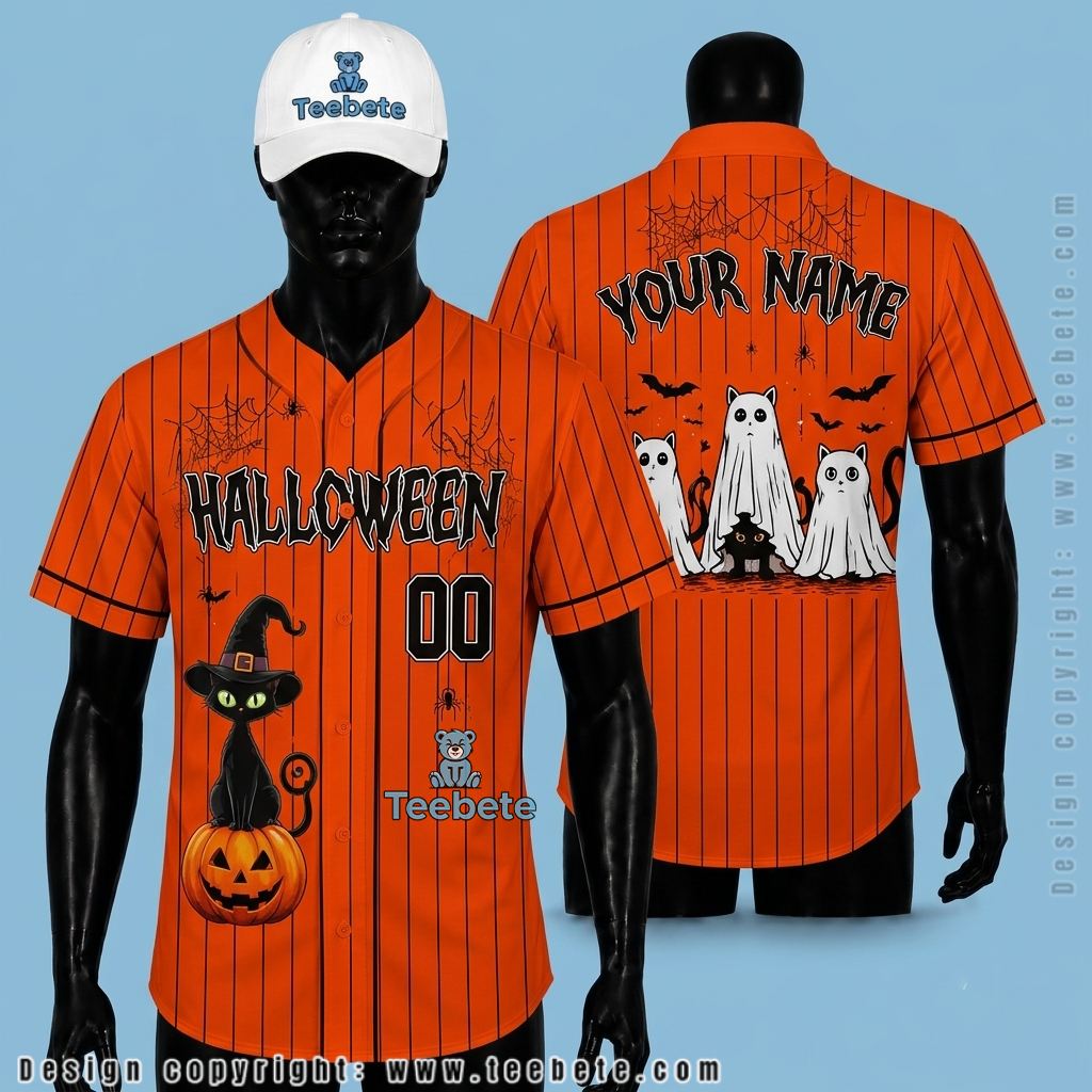Personalized Halloween Baseball Jersey Ghost Cats