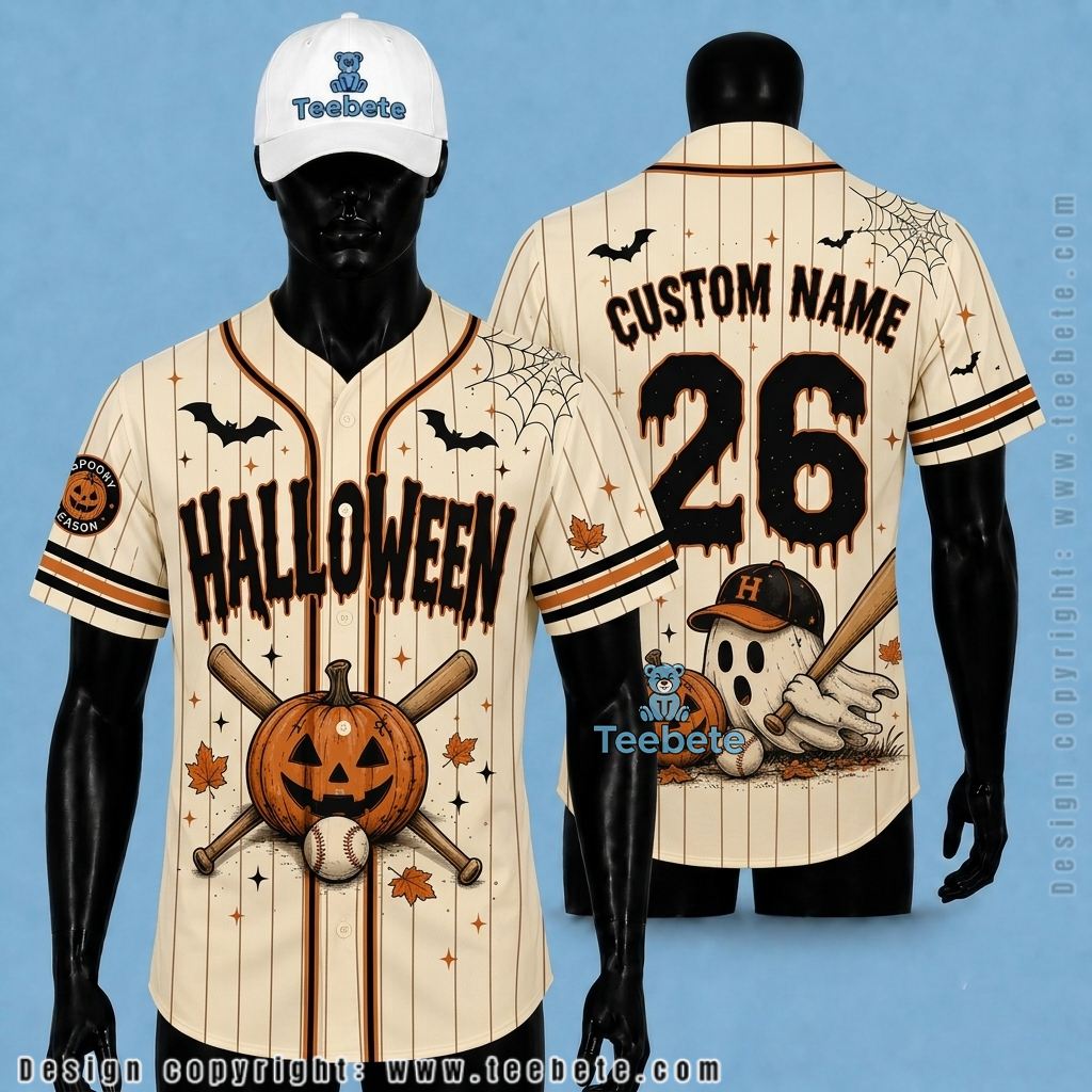 Personalized Halloween Baseball Jersey Ghost Pumpkin Cream